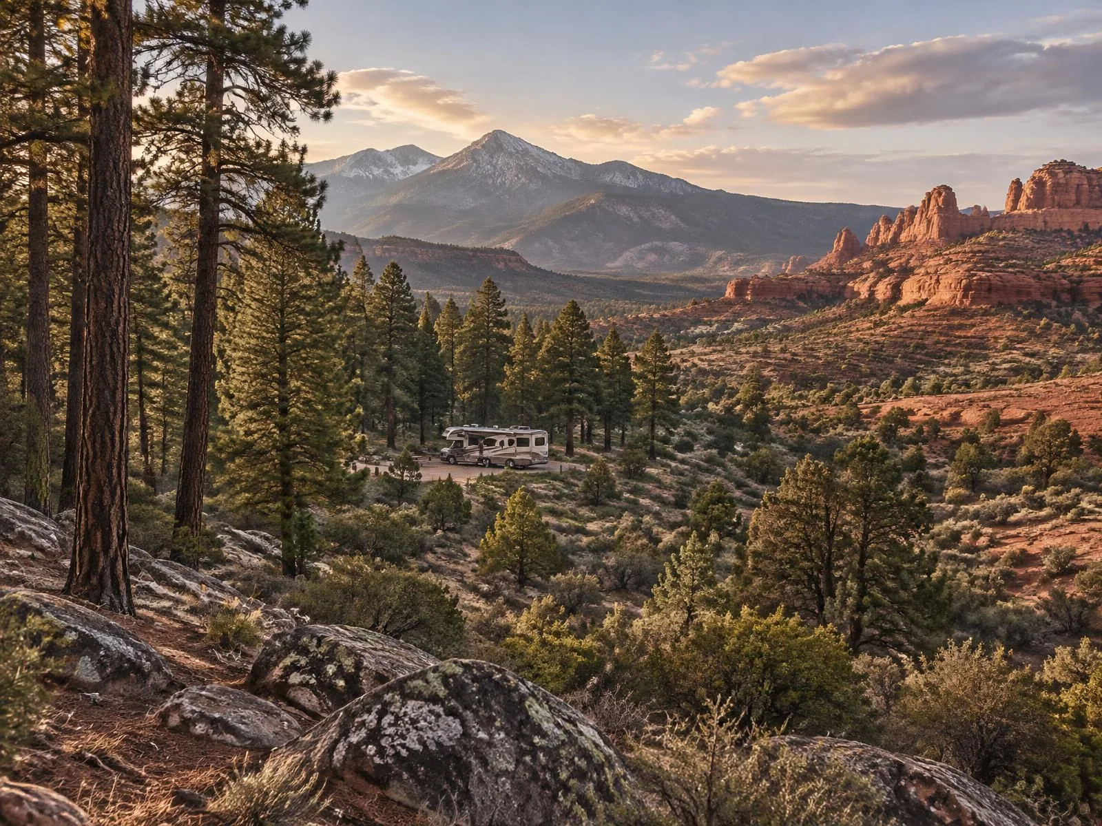 Arizona pine forest meeting the high desert with an RV in the distance