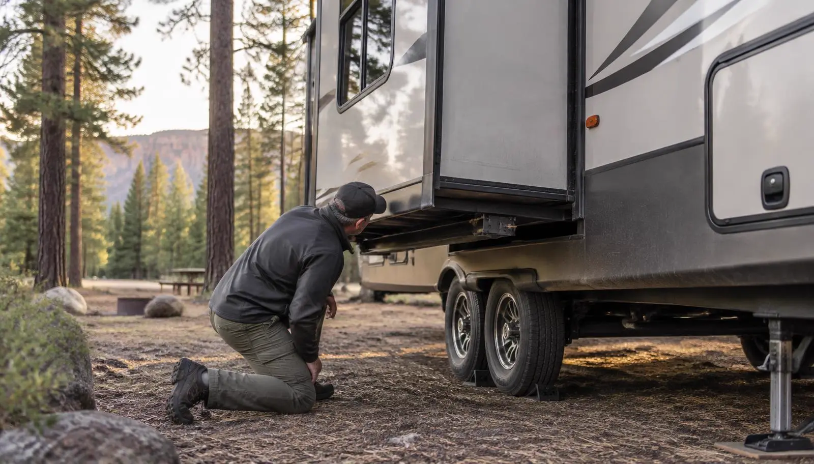 Technician kneeling beside a partly extended travel trailer slide-out at a pine forest campsite, looking at the slide mechanism underneath
