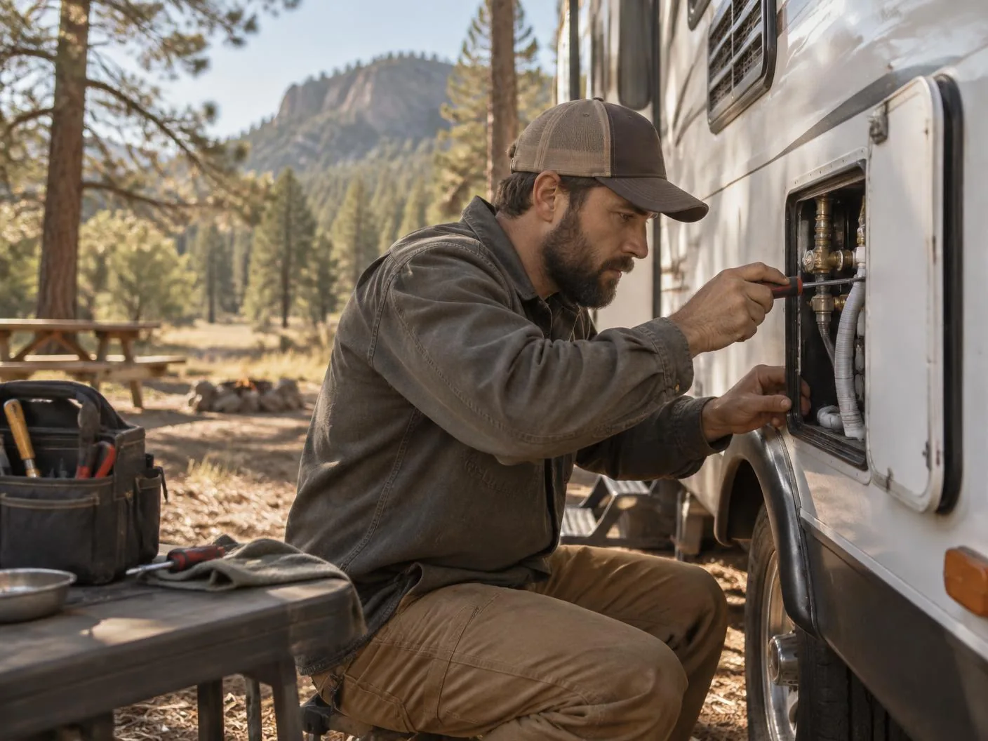 Mobile RV technician carefully servicing an exterior plumbing connection at a pine campground